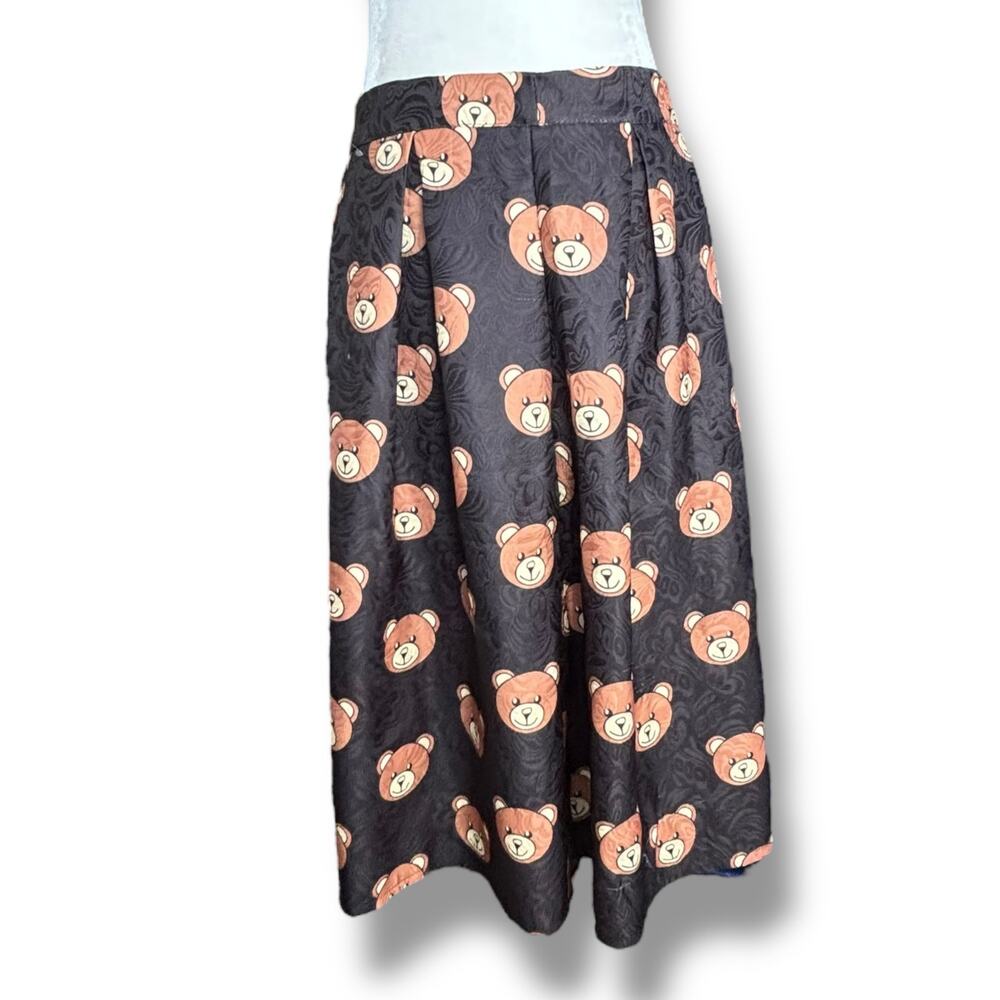 Saferin Teddy Bear Print Black Jacquard Pleated Midi Skirt Kawaii Harajuku Retro